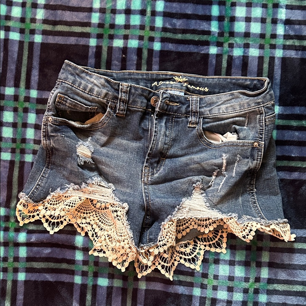 Almost Famous Blue Jean Shorts with Lace Hem